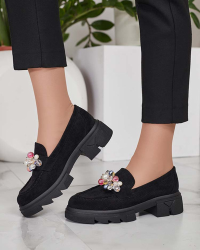 Royalfashion Black women's moccasins with colorful Glam crystals