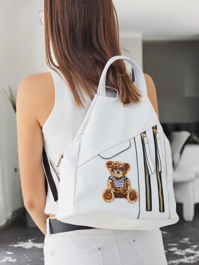 Royalfashion Small women's eco-leather triangular-shaped backpack with a bear