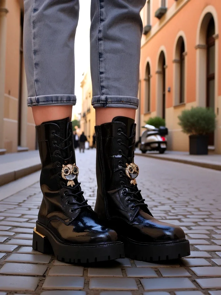 Royalfashion Women's patent leather worker ankle boots Tesiolle