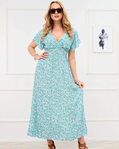 Long green women's dress with floral motif - Clothing