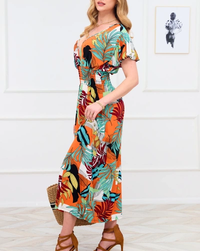 Orange women's long dress with floral pattern - Clothing