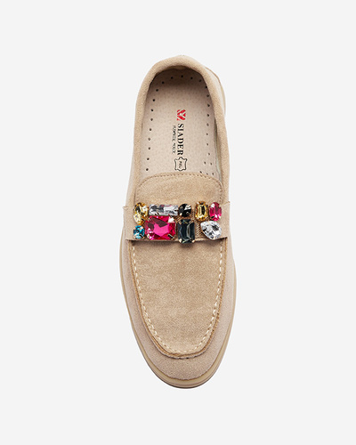 Eco suede light brown women's moccasins with decorative crystals Nellens- Footwear