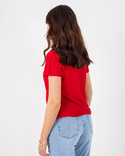 Red women's t-shirt with colored print and sequins - Clothing