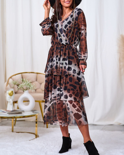 Royalfashion Black and brown mesh midi dress with print