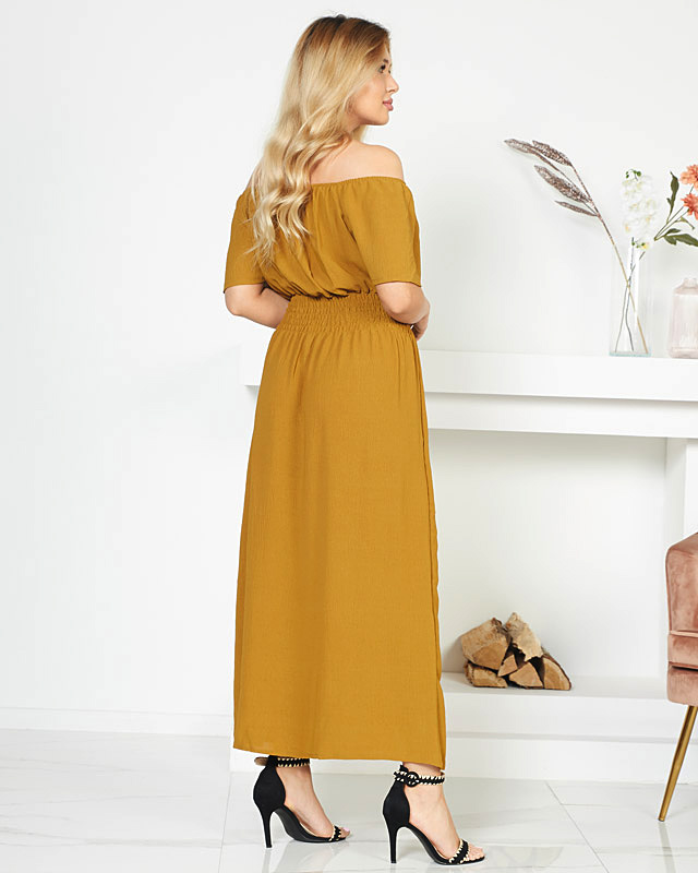 Горчичное платье миди с эластичным поясом - Одежда