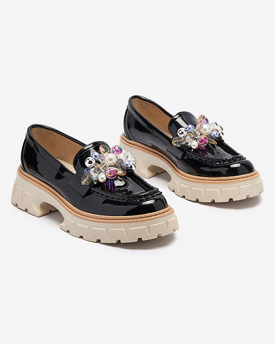 Black lacquered women's moccasins with ornament Leliab- Footwear