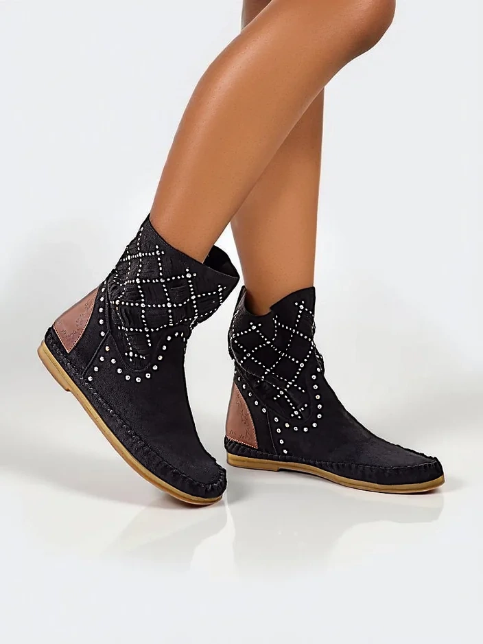 Royalfashion Women's ankle boots with low wedge and studs Indian Style