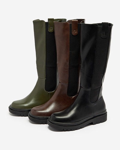 Women's eco-leather knee-high boots in dark green color Orikas - Footwear