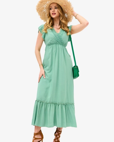 Women's green long dress with lace - Clothing