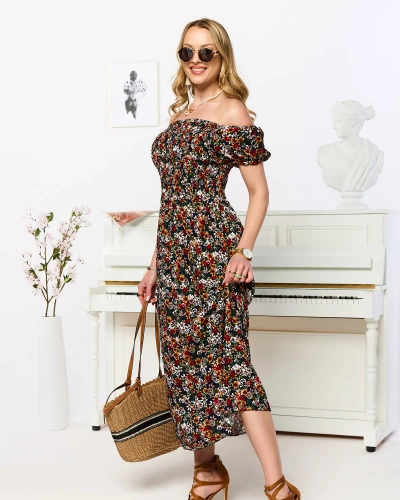 Women's navy blue midi dress with floral pattern - Clothing