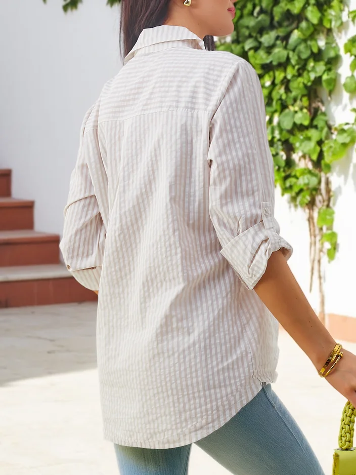 Royalfashion Women's cotton striped shirt with a tie at the bottom