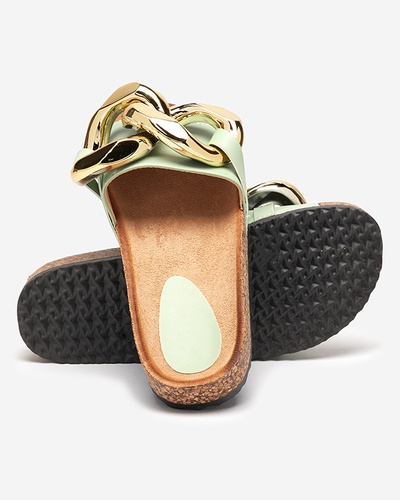 Women's green slippers with decoration at Fixci- Footwear