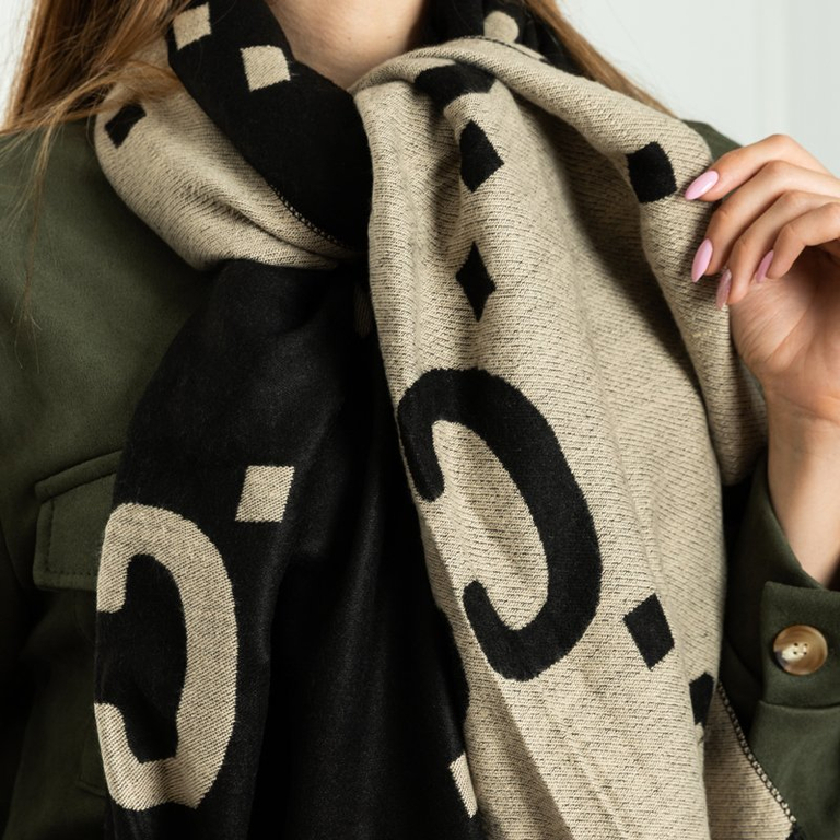 Black and beige women's warm patterned reversible scarf - Accessories
