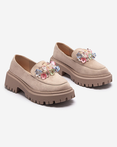 Light brown women's moccasins with colorful beads Hetika - Footwear