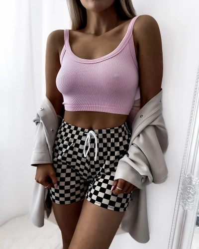 Beige and black women's checkered fabric short shorts PLUS SIZE- Clothing