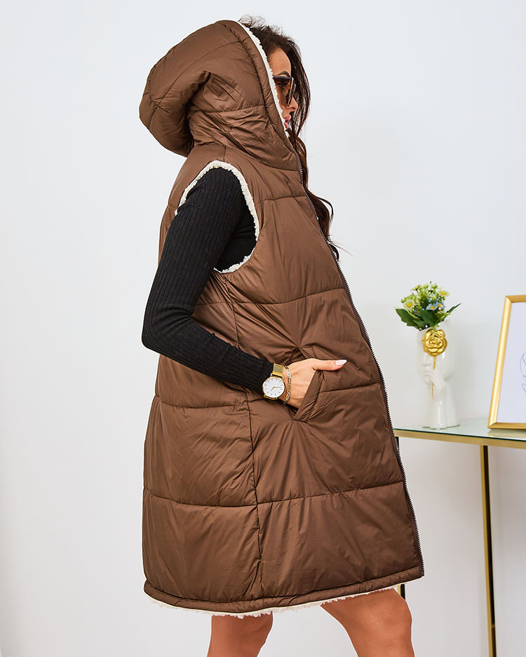 Royalfashion Brūnā un krēmkrāsas krāsaina garā divpusējā sieviešu veste