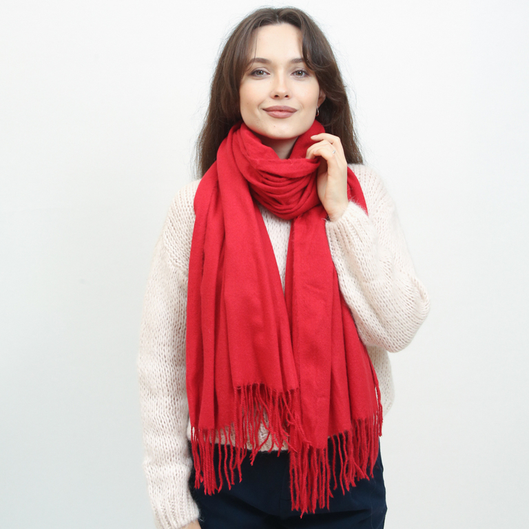Red large warm scarf with tassels - Accessories