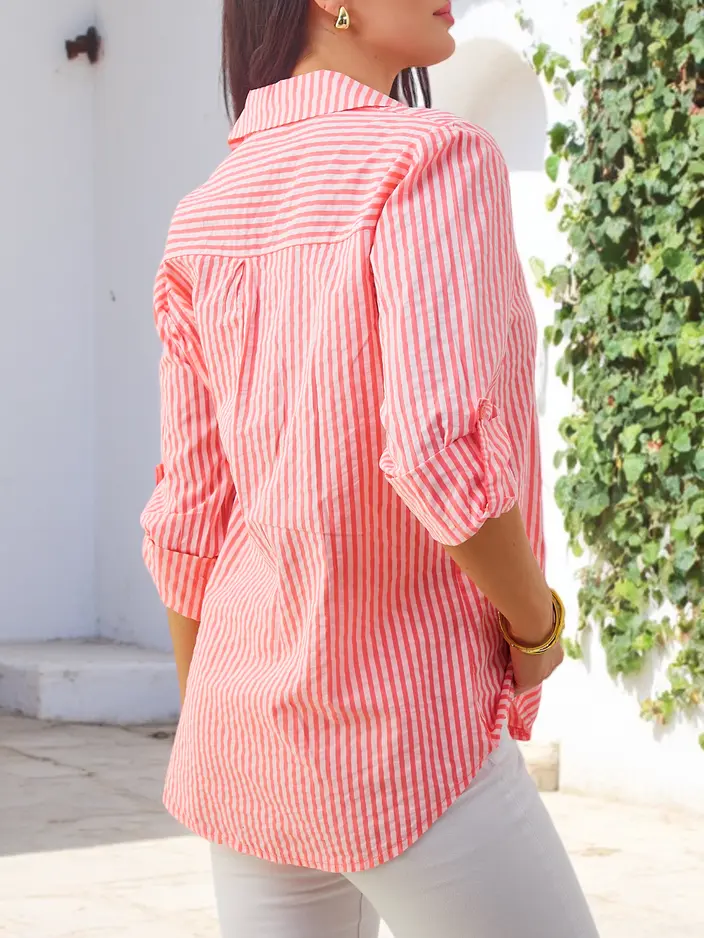 Royalfashion Women's striped cotton shirt with tie at the bottom