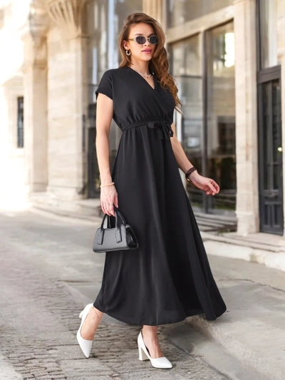 Royalfashion Women's midi dress with a wrap neckline, short sleeves, and a belt