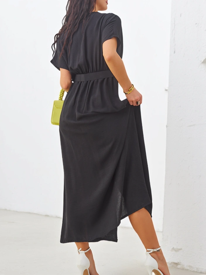 Royalfashion Women's midi dress with short sleeves, V-neck, and a slit in the middle