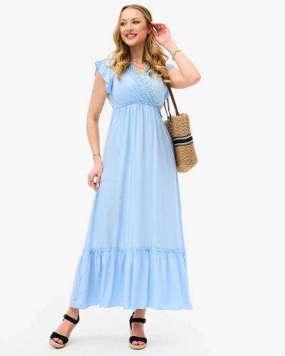 Women's blue long dress with lace - Clothing