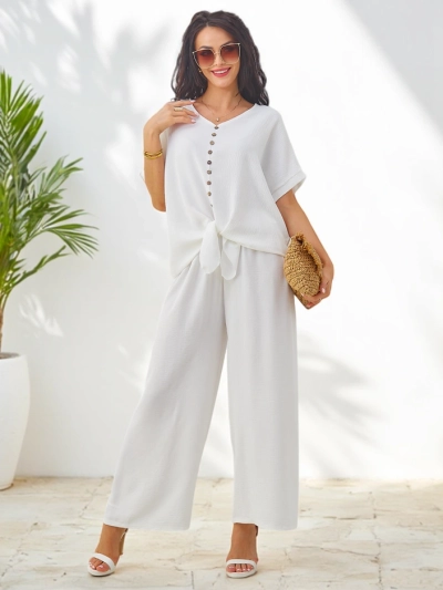 Royalfashion Sieviešu ikdienas komplekts ar īsām piedurknēm blūzi un platām biksēm