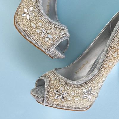 OUTLET Silver women's brocade pumps with cubic zirconia and pearls Gitana - Footwear