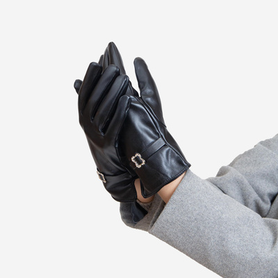 Black classic women's eco-leather gloves with buckle - Accessories