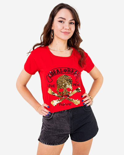 Red women's sequin t-shirt with inscriptions - Clothing