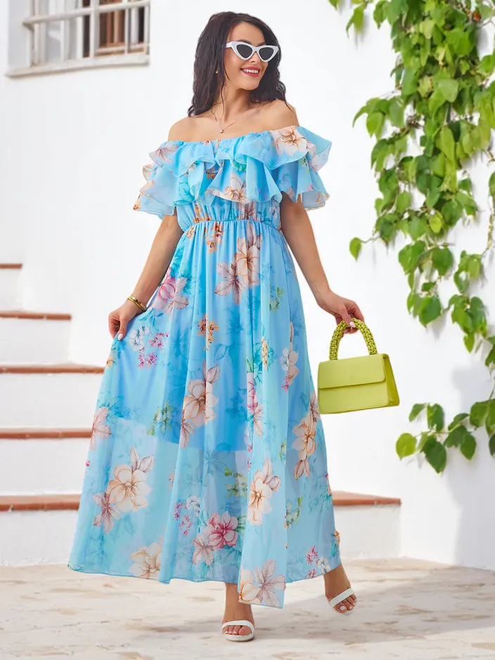 Royalfashion Sieviešu kleita bez plecu ieliktņiem ar īsām piedurknēm dažādos ziedu rakstos