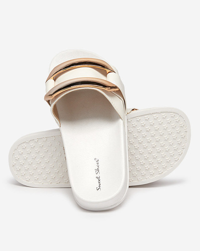 Women's white slippers with golden Serina ornament - Footwear