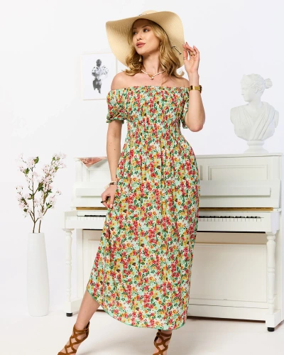 Green women's midi dress with floral pattern- Clothing