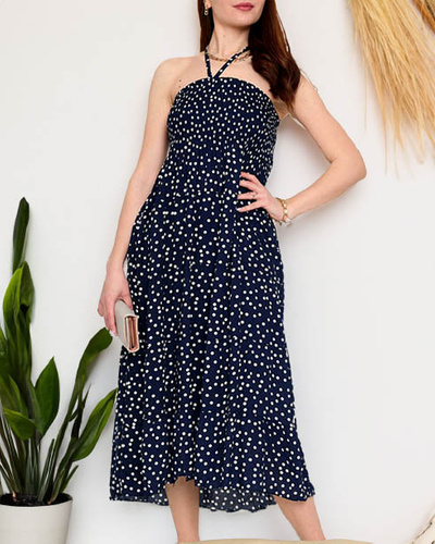 Navy blue ladies midi dress with polka dots - Clothing