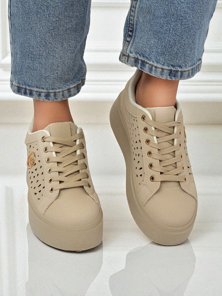 Cleo Ecru Platino – beżowe sneakersy na platformie Royalfashion skóra eko