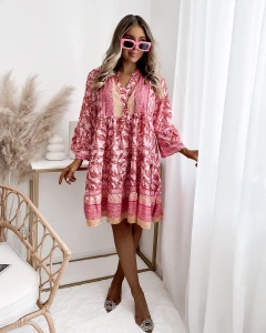 Patterned pink women's short dress- Clothing