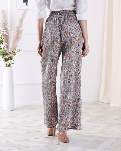 Patterned wide-leg pants for women in cream color- Clothing