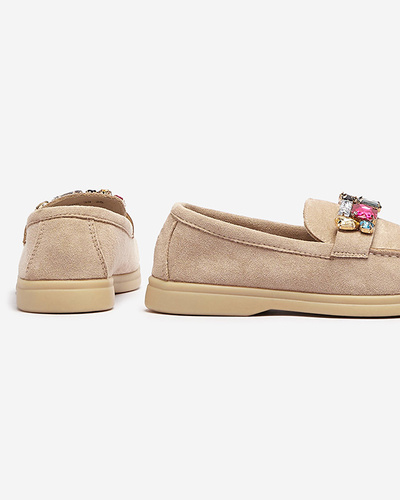 Eco suede light brown women's moccasins with decorative crystals Nellens- Footwear