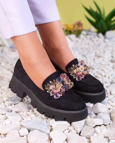 Royalfashion Black women's moccasins with colorful crystals Crystal Glam