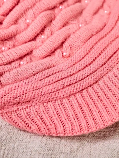 Light pink women's warm hat with pearls - Accessories