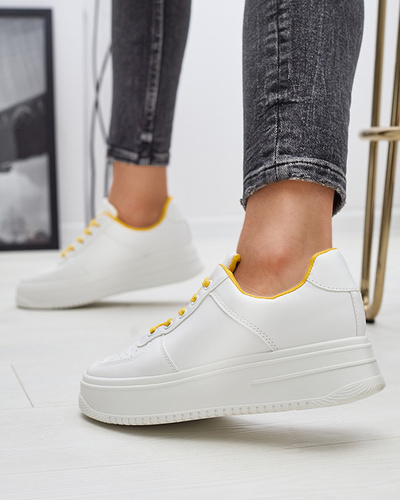 White women's sports sneakers with yellow laces Smaffo- Footwear