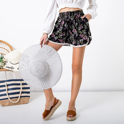 Black women's short shorts with pink flowers - Clothing