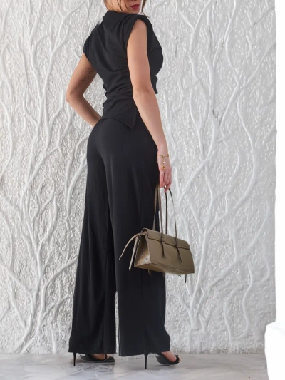 Royalfashion Women's ribbed set, with an asymmetrical top, sleeveless and wide-leg pants