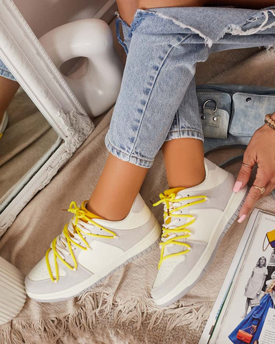 White and gray women's sports sneakers with yellow laces Olierinc - Footwear