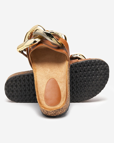 Ladies' brown slippers with decoration at Fixci- Footwear