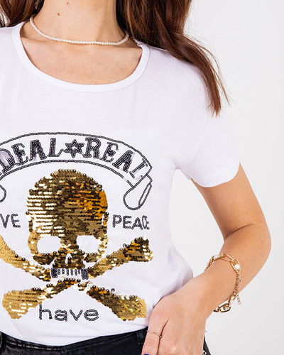 White women's sequin t-shirt with inscriptions - Clothing