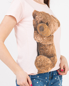 Women's pink t-shirt with a teddy bear - Clothing