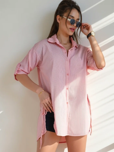Royalfashion Cotton longer women's shirt with stripes and waist tie