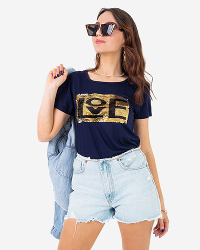 Navy blue women's t-shirt with an inscription and sequins - Clothing