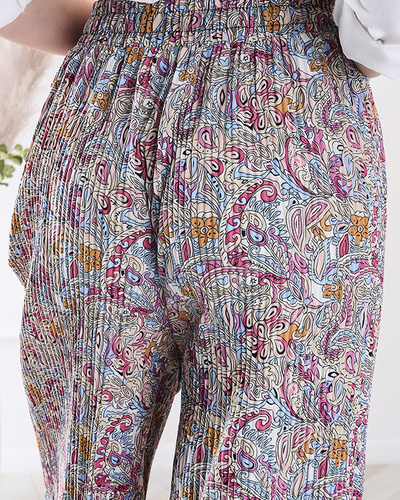 Patterned wide-leg pants for women in cream color- Clothing