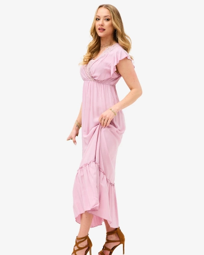 Women's pink long dress with lace - Clothing